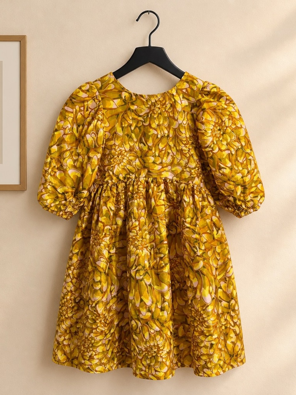 Kika Vargas Yellow Floral Puff-Sleeve  Dress XXS